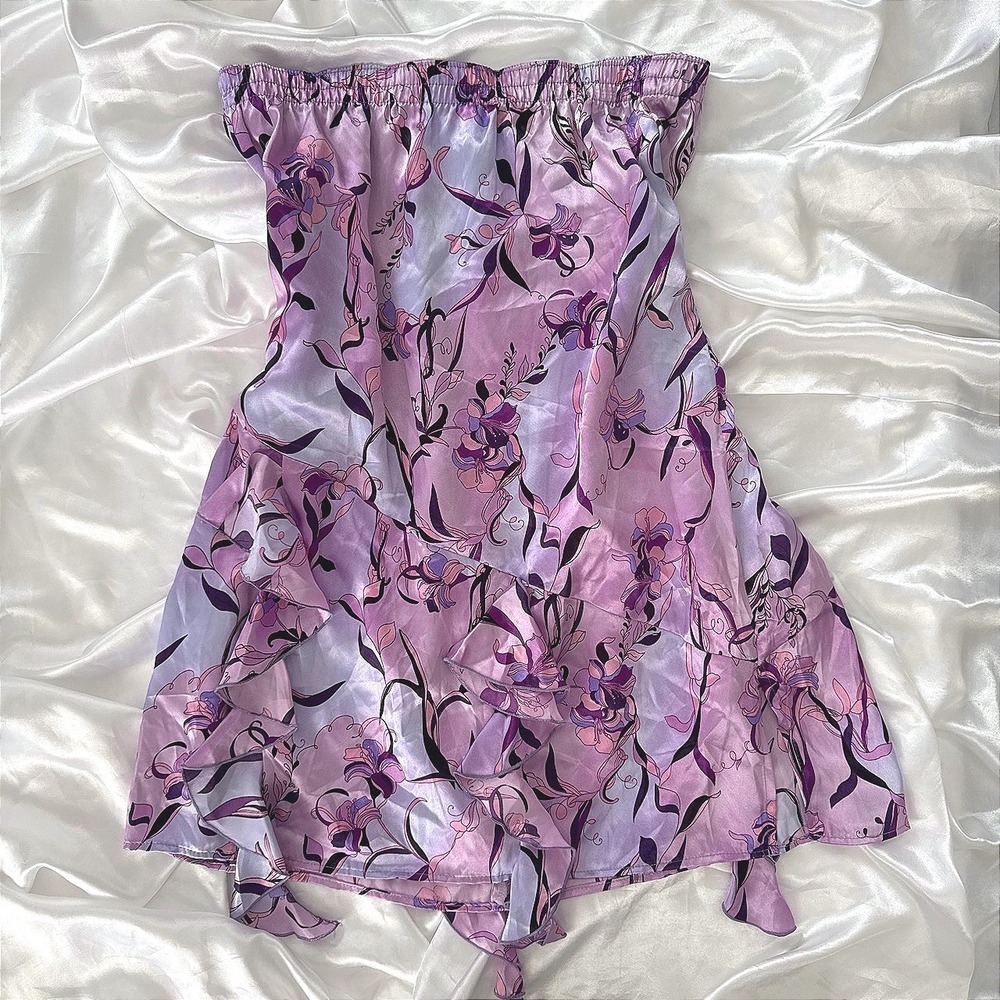 Maggie Sweet Purple Floral Satin Ruffle Skirt Elastic Waist Made in USA Medium